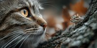 Tabby cat with amber eyes focused on small chipmunk on tree bark in autumn forest setting for wildlife and pet photography projects.