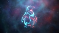 Neon glowing penguin hologram in futuristic cyberpunk style against cosmic starry background with vibrant purple and blue nebula colors for digital art projects.