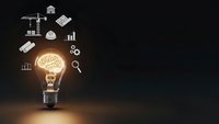 Glowing brain lightbulb with business icons on dark background representing innovation, creativity and strategic thinking for corporate solutions.