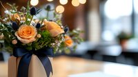 Peach roses and greenery arrangement with navy blue bow in white vase against soft bokeh lights background, elegant wedding or event centerpiece decor.