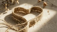 Rustic heart shape made from natural jute rope on linen fabric with warm sunlight and decorative golden beads creating romantic handmade craft atmosphere.