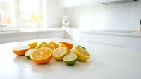 Fresh sliced citrus fruits including orange, lemon, and lime halves on a white kitchen counter in a bright modern kitchen.