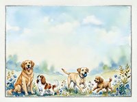 Watercolor painting of adorable puppies and dogs in meadow with wildflowers, soft pastel colors, pet illustration for greeting cards and nursery decor.
