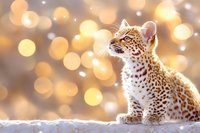 Young leopard cub sitting in snow with warm golden bokeh lights creating magical winter atmosphere for holiday greeting cards and seasonal designs.
