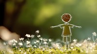 Whimsical line drawing of child with arms outstretched among delicate white wildflowers in sunny meadow, dreamy bokeh background creates magical nature scene.