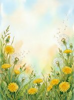 Watercolor dandelion meadow with yellow blooms and fluffy seed heads floating in a soft pastel sky, copy space for text.