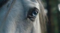 Close-up of white horse eye with detailed fur texture, showing gentle expression and alert gaze for equine, animal, and nature stock photography.