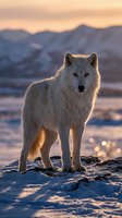 Majestic white wolf standing on snowy terrain during golden hour sunset with mountain backdrop creating dramatic wildlife portrait for nature photography.