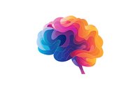 Colorful gradient brain silhouette in vibrant rainbow colors showing fluid waves and layers, representing creativity, intelligence and mental health on white background.