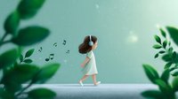 Young Asian woman in white dress walking with headphones enjoying music, surrounded by green leaves and musical notes on mint background. Digital art style.