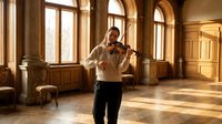 Young male violinist performing in elegant classical interior with arched windows and warm sunlight streaming through ornate architecture during practice session.