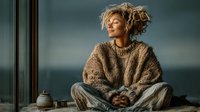 Young African American woman with curly hair in cozy knit sweater sitting cross-legged by window, peaceful morning meditation and mindfulness concept.