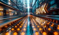 Futuristic banking concept with glowing bank sign and illuminated path creating dynamic perspective. Modern financial district background with motion blur effect.