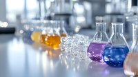Laboratory glassware with colorful liquids arranged in row on white surface, showing blue, purple, amber solutions in round bottom flasks with blurred background.