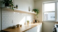 Bright minimalist kitchen counter with white subway tile backsplash, wooden shelving, potted plants, and natural light from window. Scandinavian interior design for home decor projects.