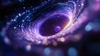 Mesmerizing spiral galaxy with glowing purple and blue cosmic dust swirling into darkness, creating magical celestial atmosphere with sparkling stars and nebula effects.