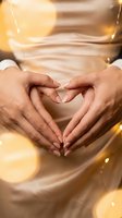 Pregnant woman forming heart shape with hands on belly, warm bokeh lights, golden dress, maternity love concept.