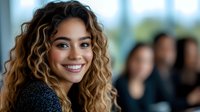 Young Hispanic businesswoman with curly ombre hair and bright smile in professional office setting, wearing dark blazer against blurred background of colleagues.