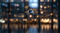 Passenger aircraft approaching landing at night with glowing navigation lights reflected in water, dramatic bokeh city lights creating atmospheric backdrop.