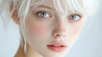 Young blonde woman with blue eyes and natural makeup looking directly at camera with soft lighting for beauty and skincare concepts.