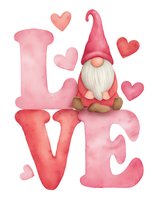 Watercolor pink gnome with hearts and love letters isolated on white background for Valentine's Day romantic greeting cards and decorations.
