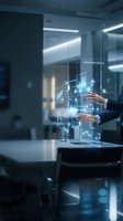 Businessperson interacting with holographic data visualization and financial charts in modern office environment, representing digital transformation and technology innovation.