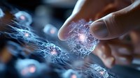 Glowing neural network visualization with human finger touching digital synapses, showing artificial intelligence and machine learning technology in blue tones.