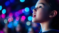 Young Asian woman gazing upward with hope and wonder against vibrant bokeh city lights background. Contemplative portrait for inspiration and dreams concept.