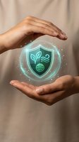 Hands of a person with medium skin tone holding a glowing holographic shield icon featuring leaf and globe symbols, representing environmental protection, sustainability, and green technology solutions.