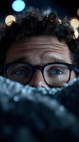 Close-up portrait of young Caucasian man with curly hair and glasses peering over winter scarf with bokeh lights in background, creating mysterious mood.
