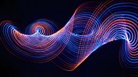Glowing neon wave with flowing blue and red lines creating dynamic motion on dark background. Suitable for tech, music, and modern design projects.