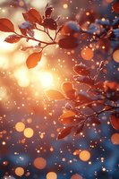 Magical winter scene with red leaves covered in frost against glowing bokeh background, sunlight creating sparkles through morning mist and snow.