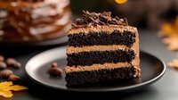 Rich chocolate layer cake slice with creamy frosting and chocolate shavings on dark plate. Decadent dessert for bakery menu, restaurant promotion, food blog.