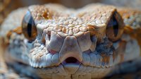 Close up macro shot of snake head with piercing blue eyes and textured scales showing intricate reptilian details and natural patterns in warm earth tones.