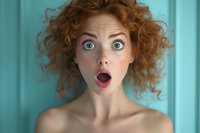 Young woman with curly red hair and bright blue eyes expressing extreme surprise with open mouth and wide-eyed shocked expression against turquoise background.