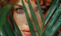 Close up portrait of young redhead woman with freckles and blue eyes looking through green tropical leaves, natural beauty concept for cosmetics and skincare.