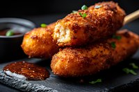 Crispy breaded chicken croquettes with spicy sauce served on black slate board. Golden brown coating reveals juicy meat inside, garnished with fresh herbs.