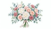 Watercolor wedding bouquet with blush roses, white peonies, pink carnations, and eucalyptus greenery, isolated on white background.