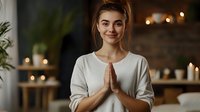 Young Caucasian woman in white sweater practicing meditation with prayer hands gesture, smiling peacefully in cozy room with candles and soft lighting.