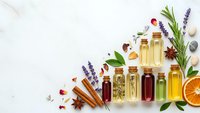 Natural essential oils in glass bottles with herbs, spices and citrus on white background. Aromatherapy, spa wellness and organic skincare concept.