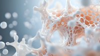 Abstract cellular structure with white mesh-like network surrounding orange spherical elements on soft blue background, representing biological or medical concept.