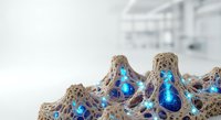 Macro close-up of porous material with glowing blue crystalline formations embedded in textured surface, suitable for science, technology, and abstract design projects.