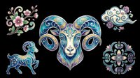 Ornate ram head with decorative horns in blue and gold tones, surrounded by matching floral and geometric ornamental elements, all isolated on transparent background ready for t-shirt design, clipart, stickers, sublimation and print-on-demand projects.