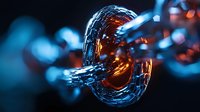 Glowing orange and blue abstract circular shape with metallic reflective surface and dynamic motion blur effect creates futuristic technological mood.