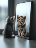 Small gray cat looking in mirror sees reflection as majestic lion cub, representing inner strength and confidence in surreal conceptual composition.