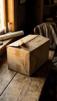 Vintage cardboard package tied with string on rustic wooden table in warm sunlit room with cozy armchair creating nostalgic delivery atmosphere.