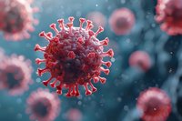 Red virus cell with spike proteins floating in blue microscopic environment, scientific medical visualization showing detailed molecular structure and pathogen surface.