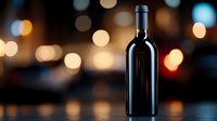 Dark wine bottle silhouette against blurred bokeh lights background creates moody atmosphere for restaurant, bar or celebration marketing materials.