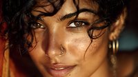 Young Middle Eastern woman with wet curly hair and nose piercing in warm golden light creating intimate portrait with natural beauty and confident gaze.