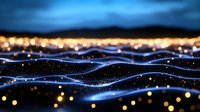 Glowing waves of light with bokeh effect against dark background create abstract futuristic landscape pattern for technology and digital concepts.